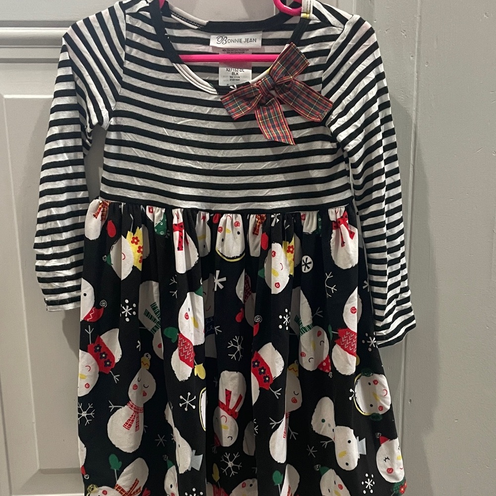 Bonnie Jean Striped Snowman Dress with Festive Bow